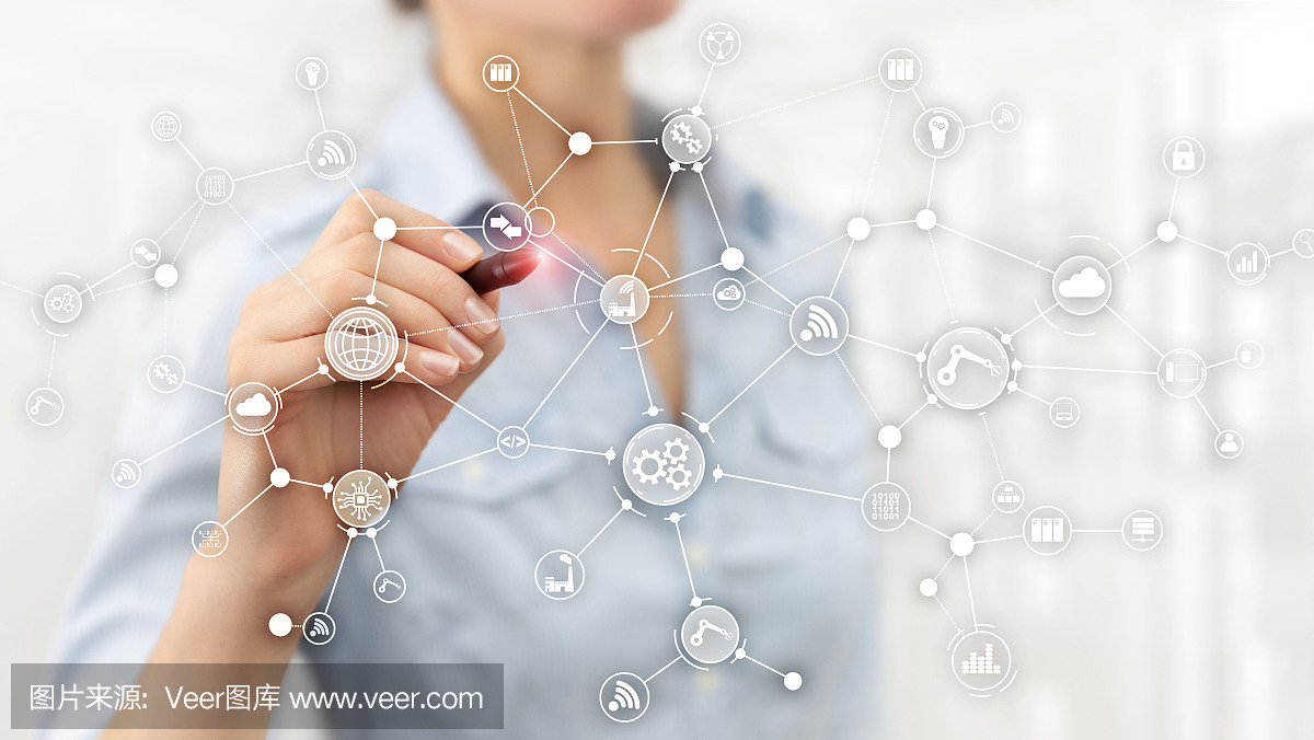 虛擬屏幕上的技術工業業務流程工作流組織結構。物聯網智能行業概念混合媒體圖。